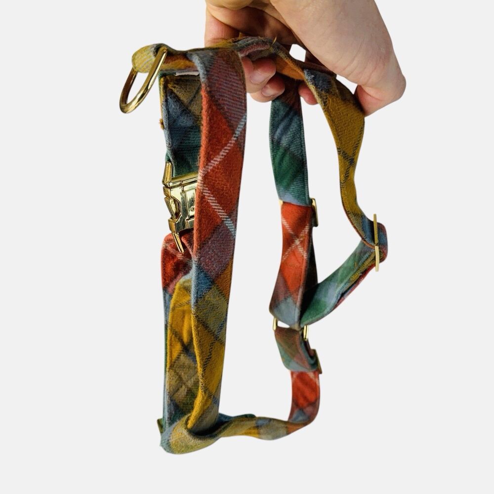 The Foggy Dog Walking Harness Medium Plaid Gold Metal Heavy Duty Front Rear Clip - Picture 2 of 7